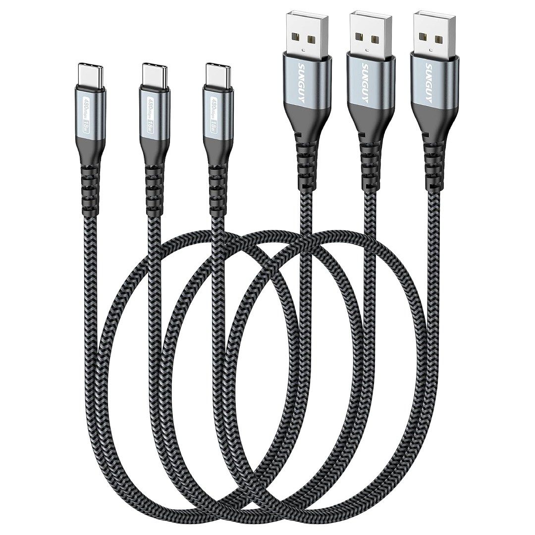 A render of three SunGuy USB-C to USB-A cables.