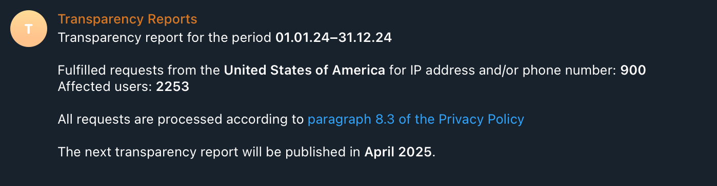 A screenshot of the Telegram Transparency Reports bot's report for 2024 US data requests.