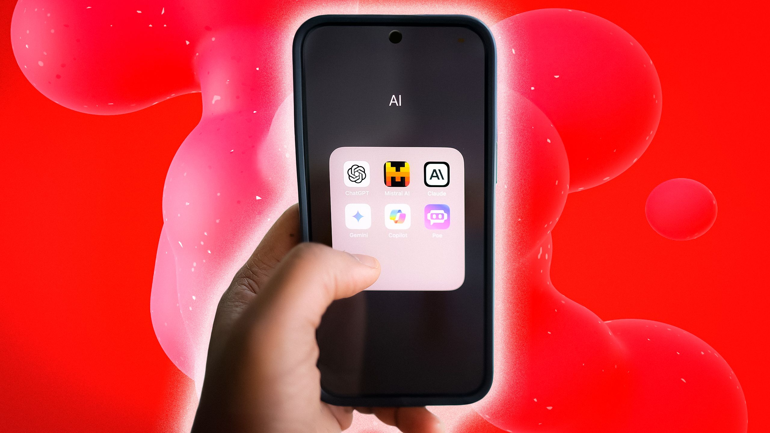 A hand holding a smartphone with icons for AI apps on the screen