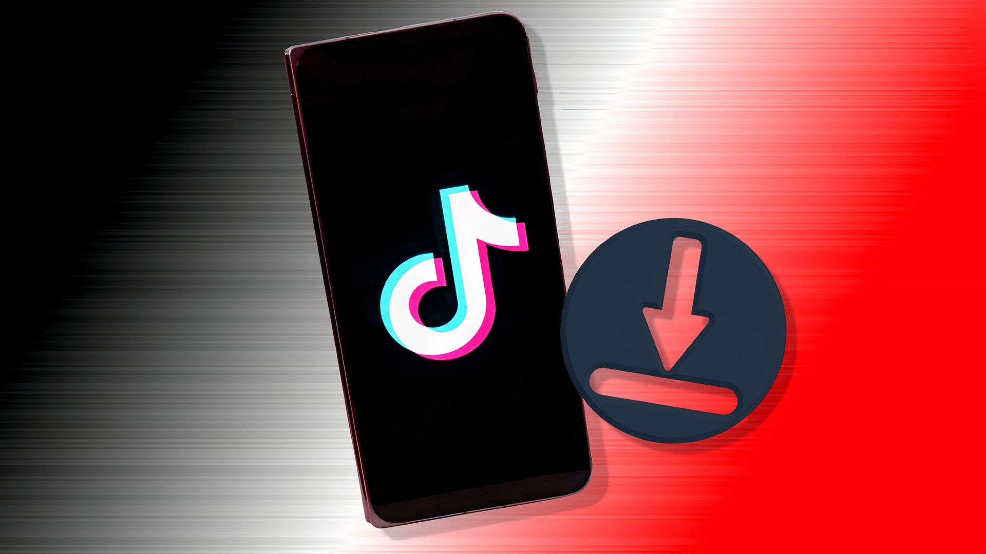 TikTok logo on phone beside the download icon on colorful background