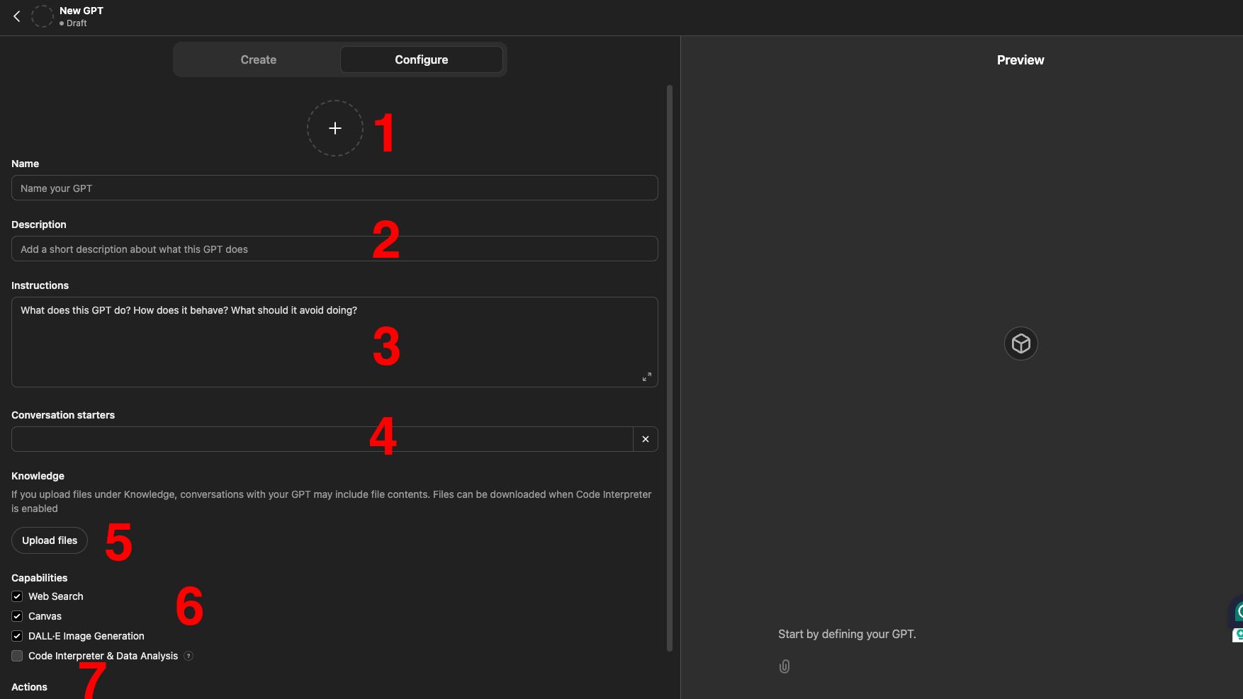 GPT configuration interface showing numbered sections for defining a new GPT