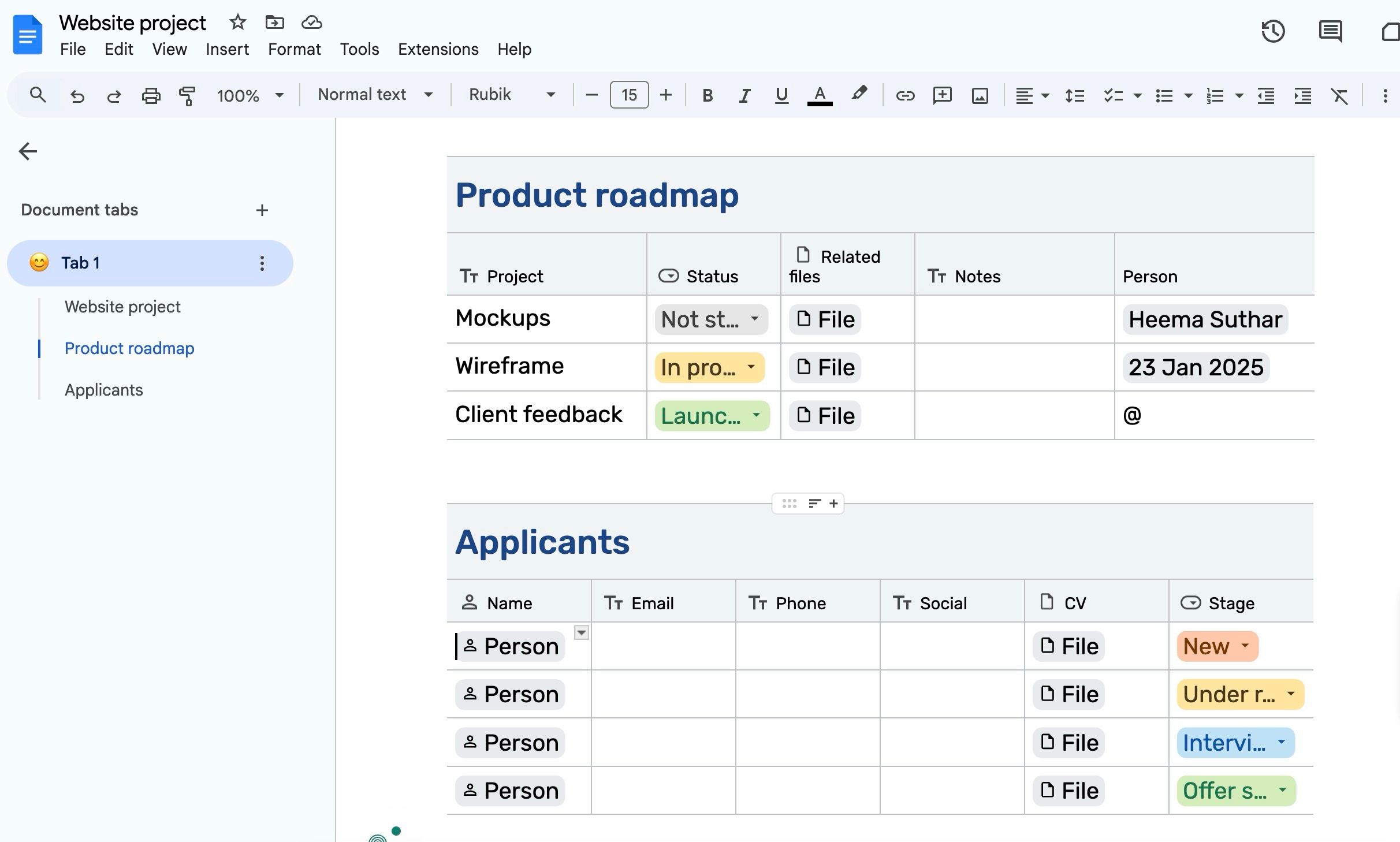 Table view in Google Docs