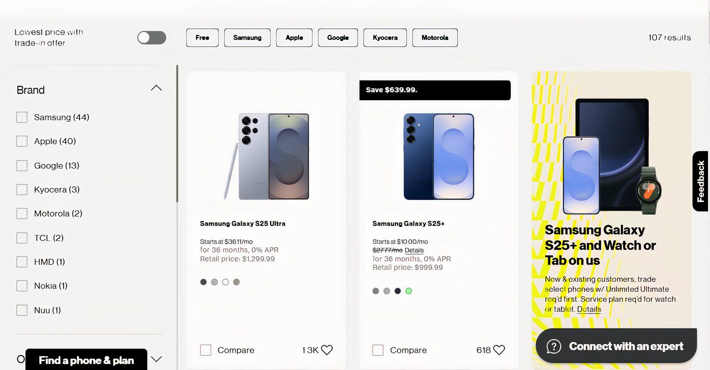 Verizon phone selection