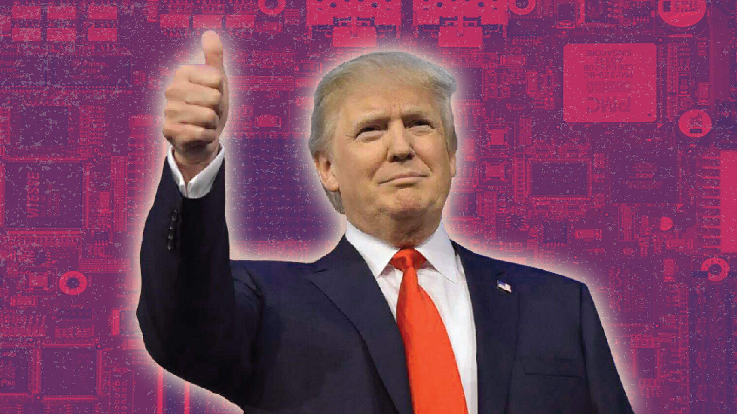 Donald Trump thumbs up pose on a purple, pink and violet component patterned background