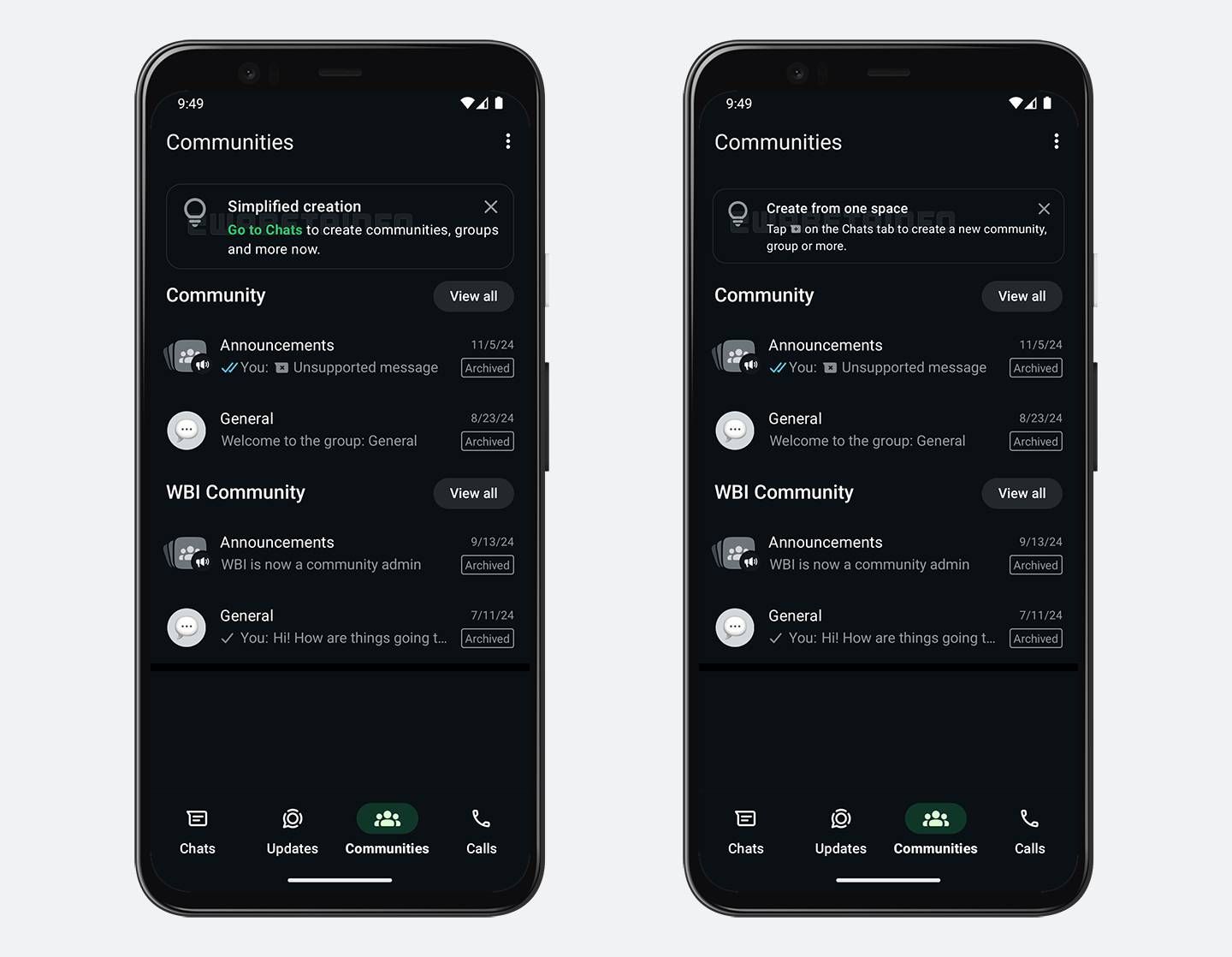 Screenshots of WhatsApp's banner to indicate that the option to create new communities has been moved to the Chats screen.