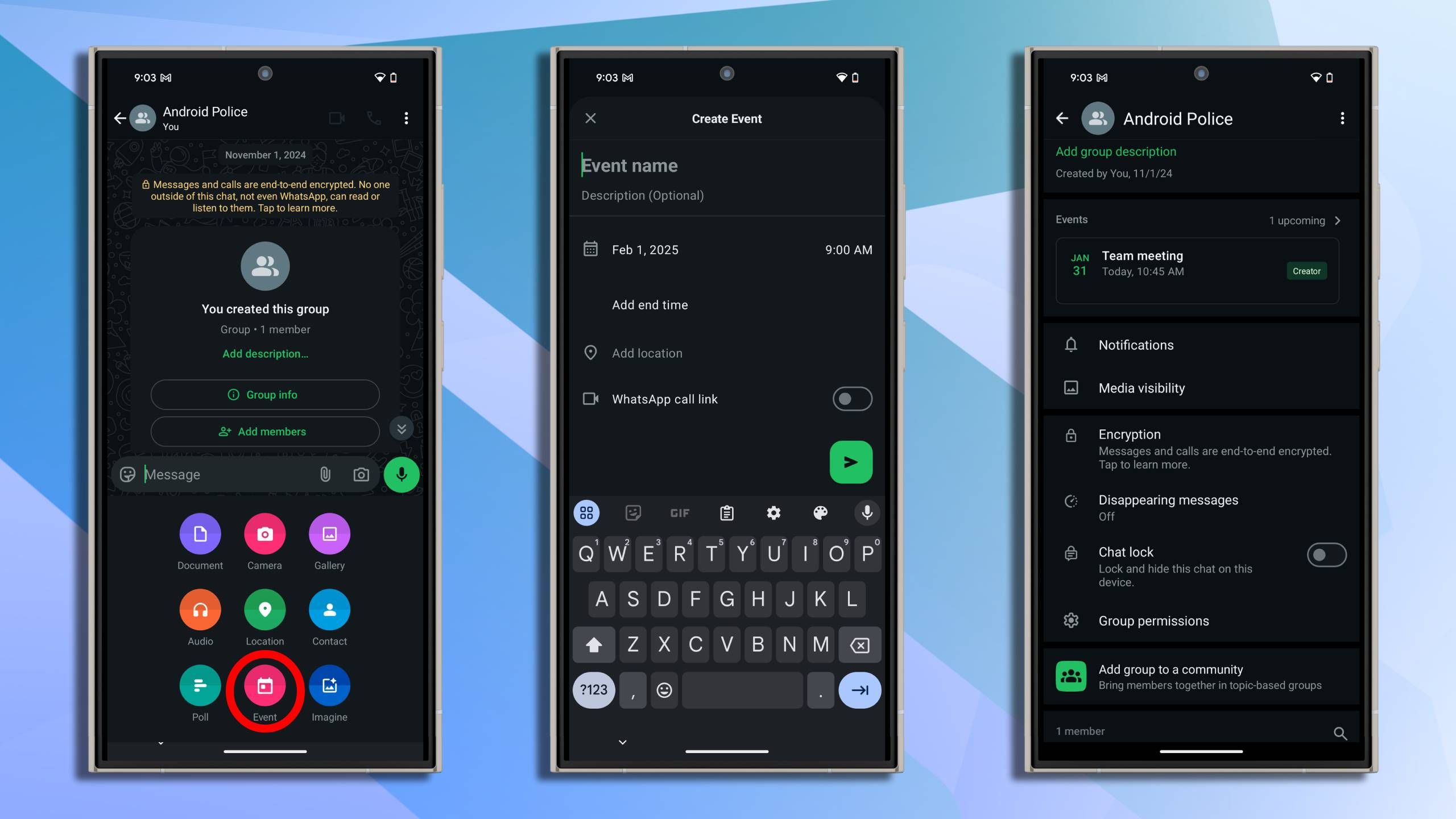 Screenshots highlighting the event creation process on WhatsApp.