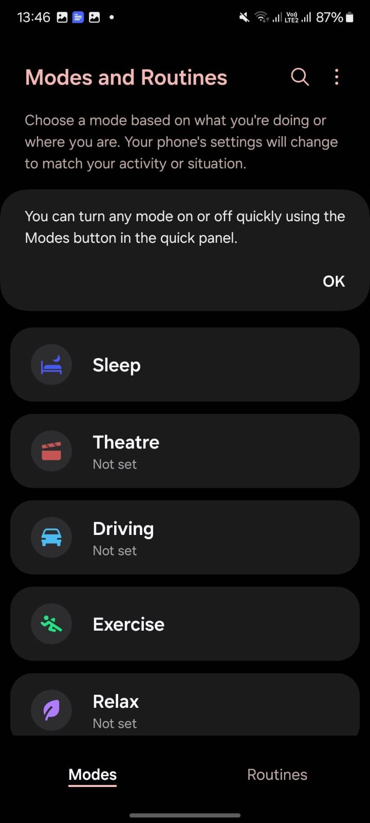 Screenshot showing Modes in One UI