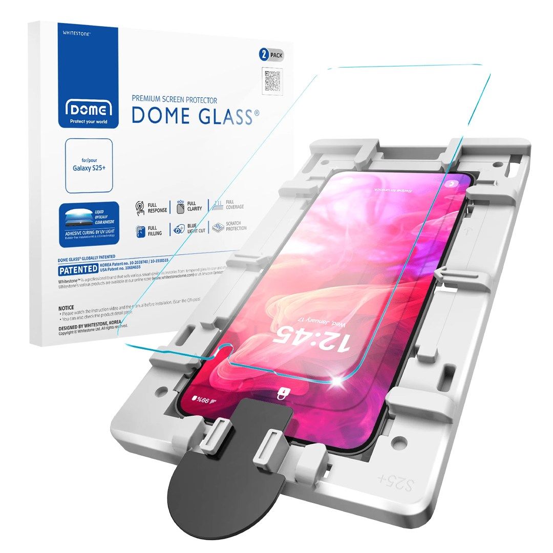 A render of the Whitestone Dome Glass Galaxy S25 screen protector, and its installation bracket and box