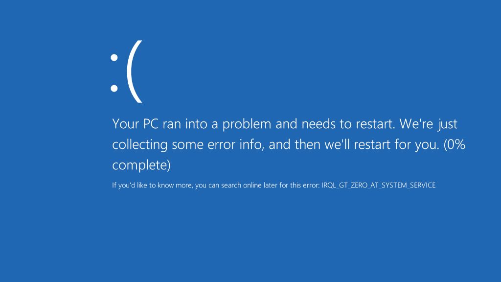 A screenshot of the Windows Blue Screen of Death (BSOD) displaying a sad face emoticon and the message, "Your PC ran into a problem and needs to restart.