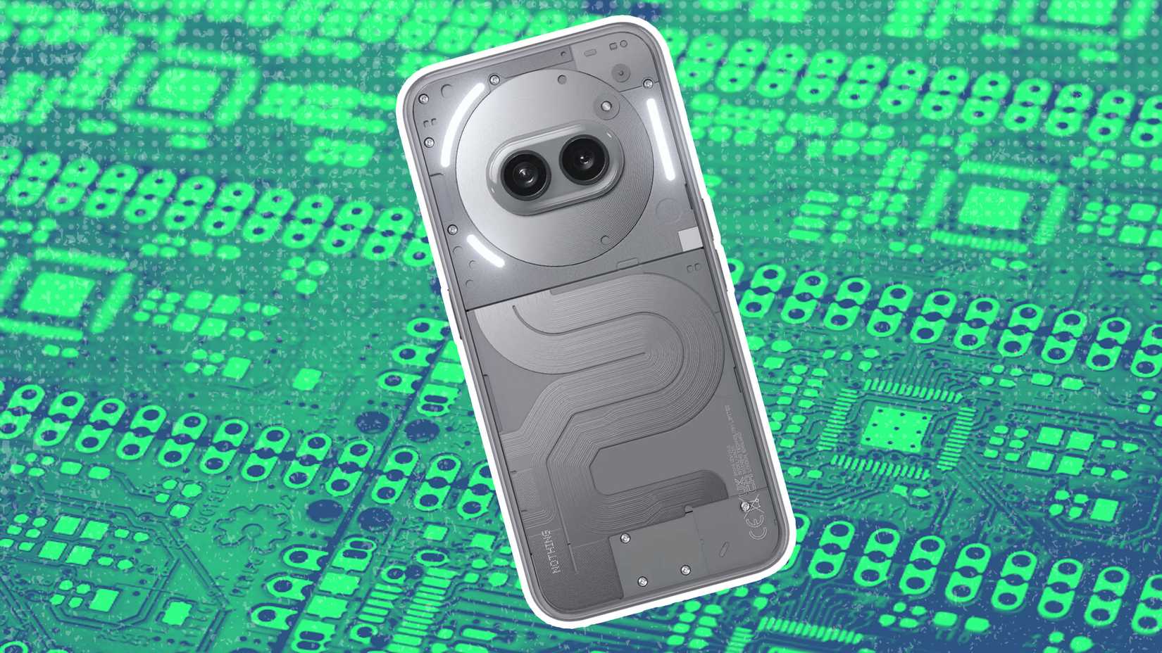 A -Nothing Phone 2a with a circuitboard in the background