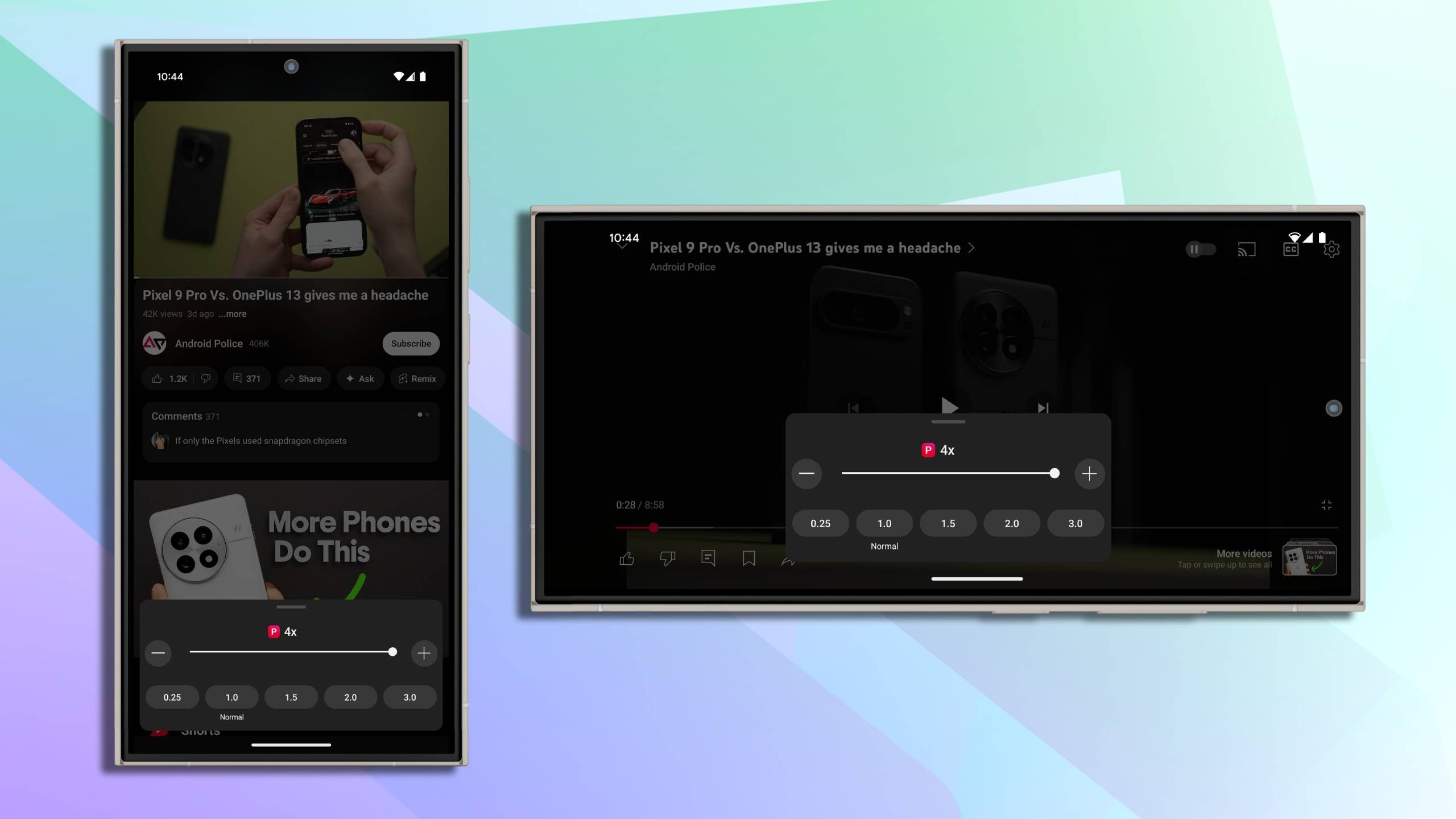 Screenshots highlighting YouTube's new 4x Playback Speed slider.