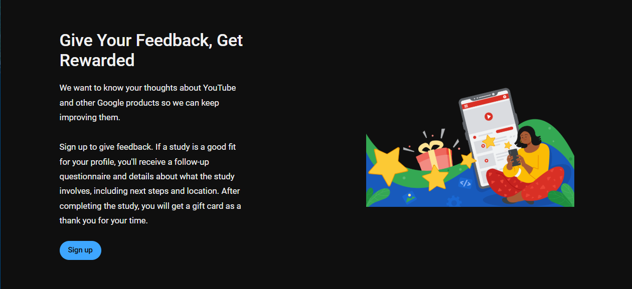 a screenshot of the YouTube Experiments page where you can sign up for the surveys