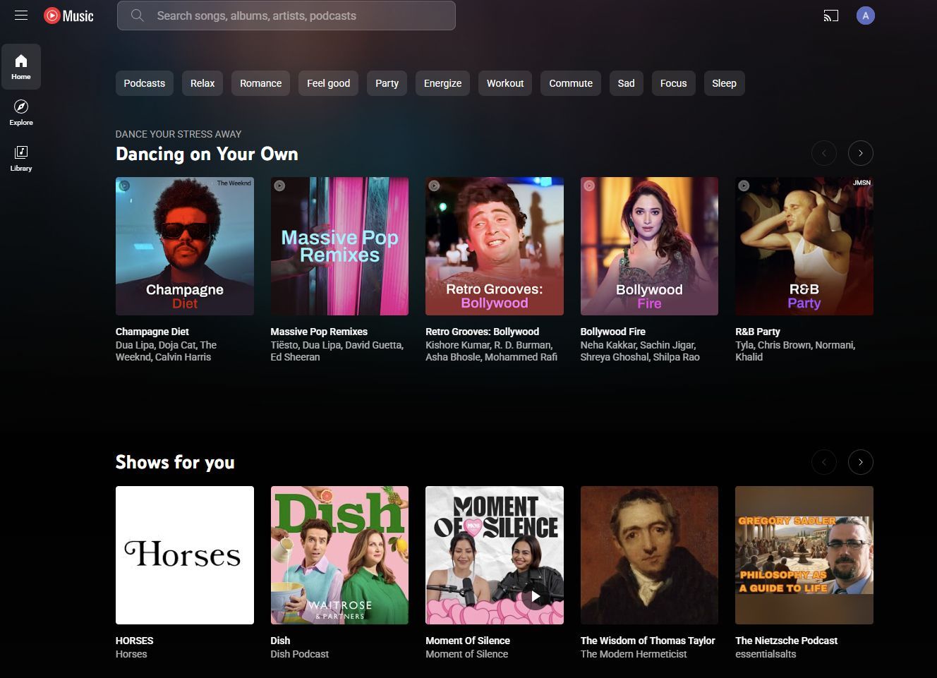 Screenshot showing the home page of YouTube Music on web