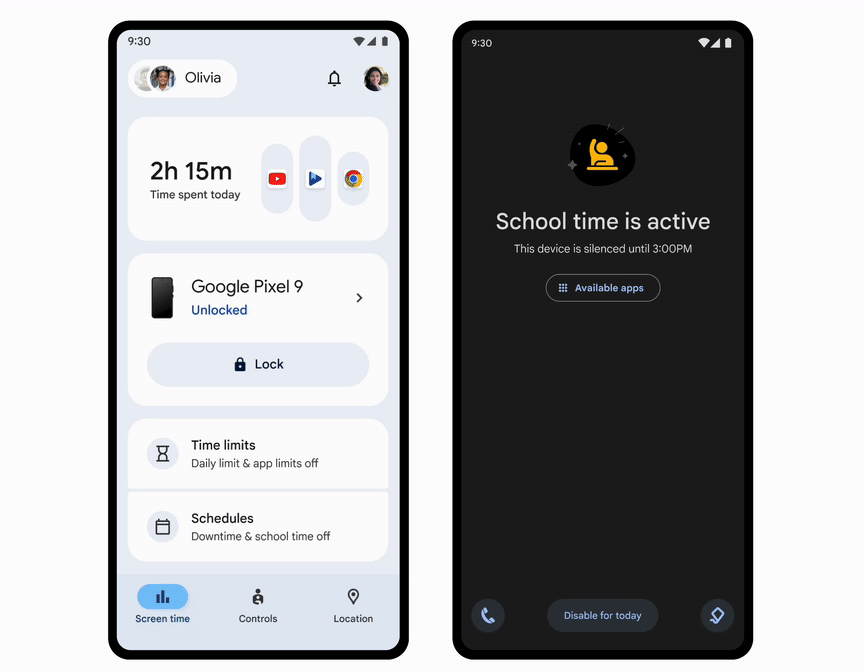 A GIF highlighting the School Time feature on Android.