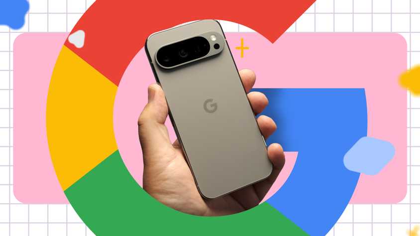 A hand holding a Google Pixel with the Google logo surrounding the image.