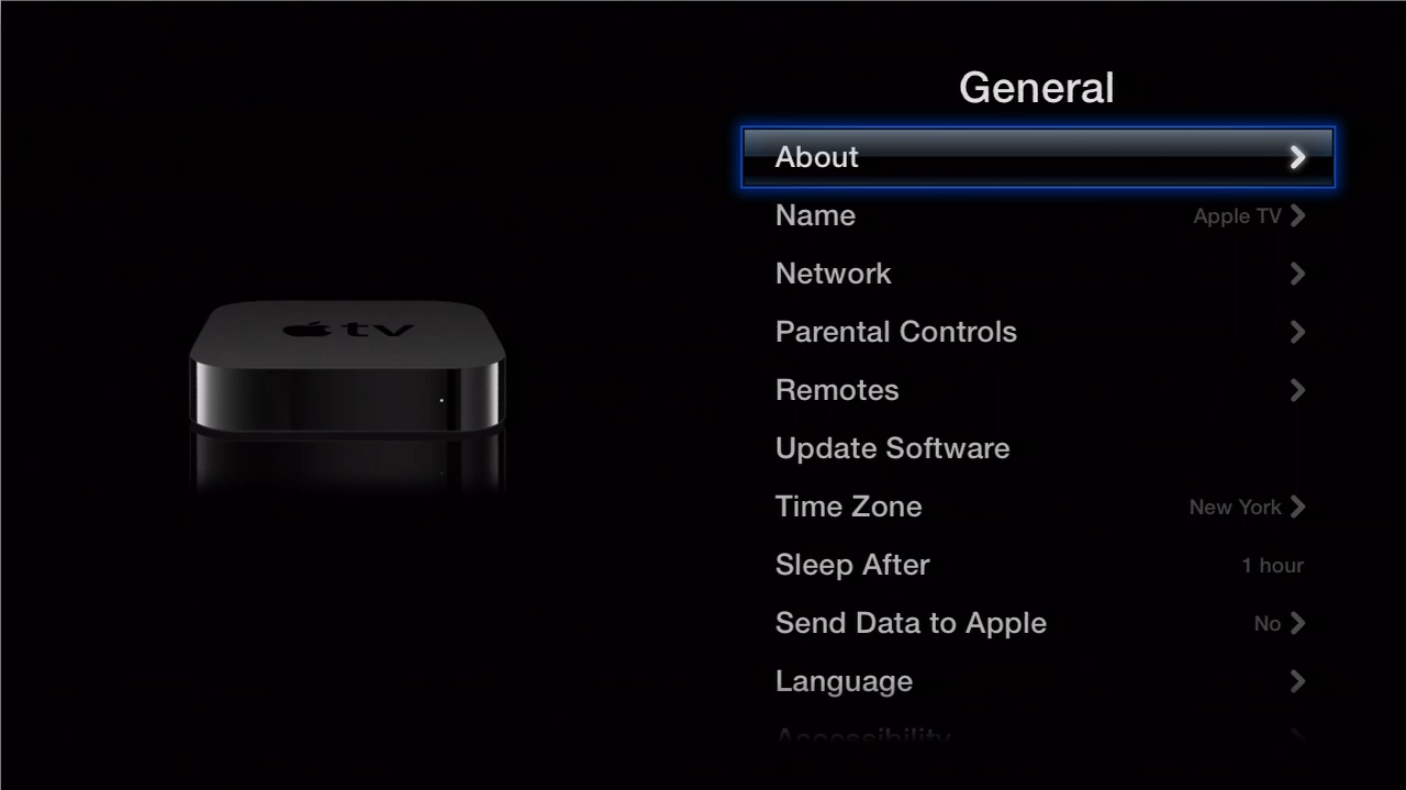 The Apple TV General Settings menu