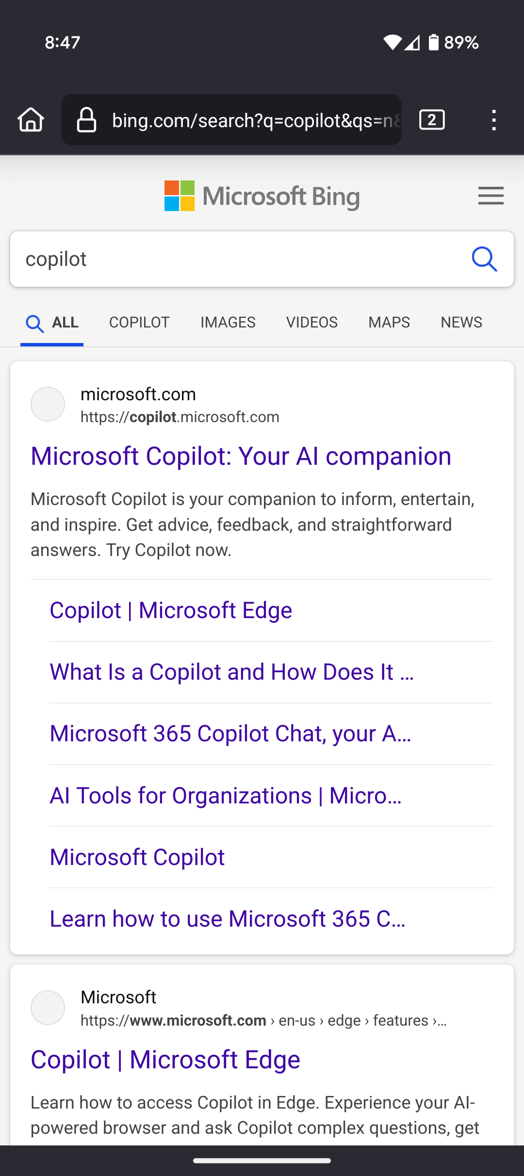Microsoft is placing a Copilot search box above Bing search results for ...