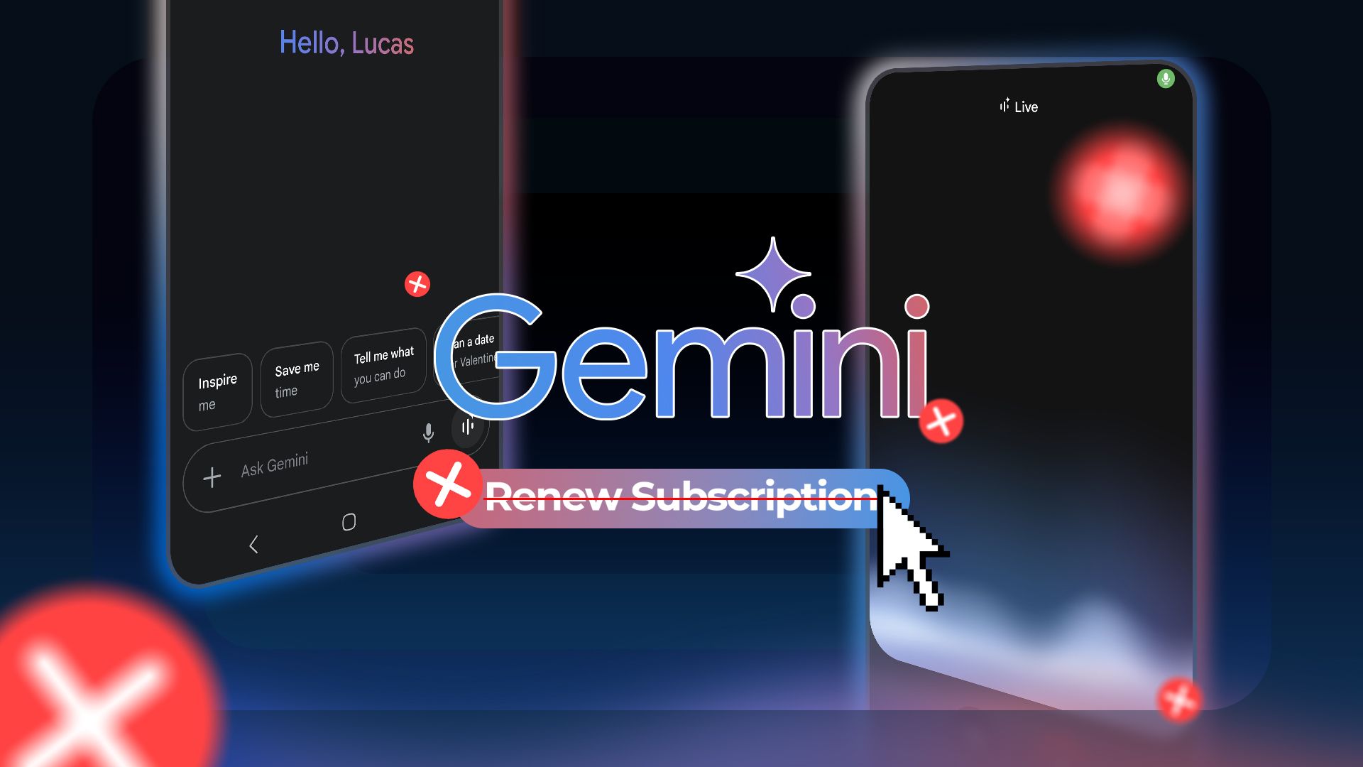 Gemini logo with a 'renew subscription' button and several 'x' marks around.