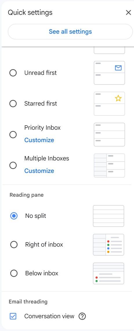 Quick settings in Gmail on desktop with the Reading pane settings visible