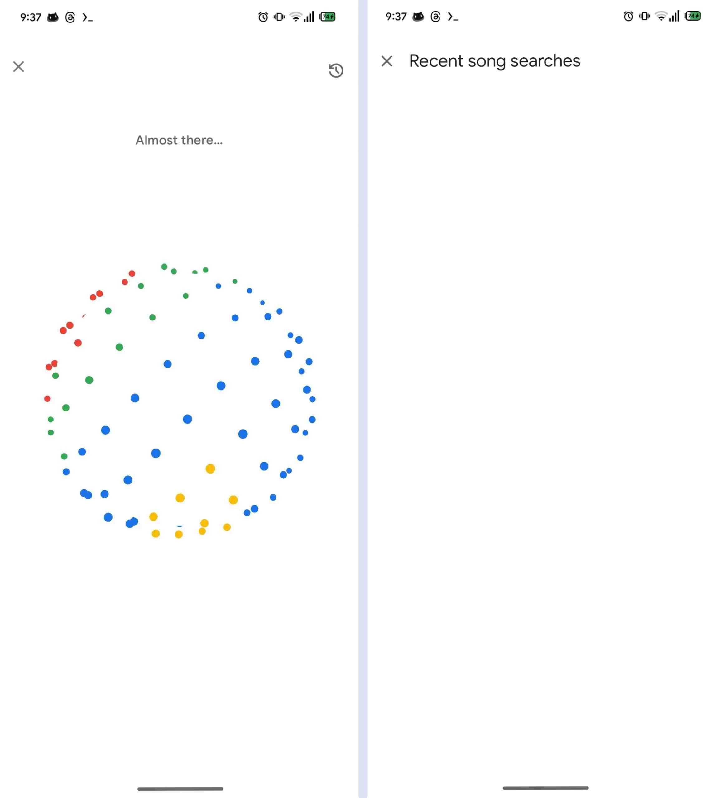 Screenshots of Google app's reported song search history UI.