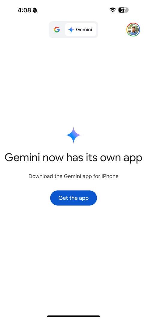 Google app homescreen on iOS showing the Gemini switcher