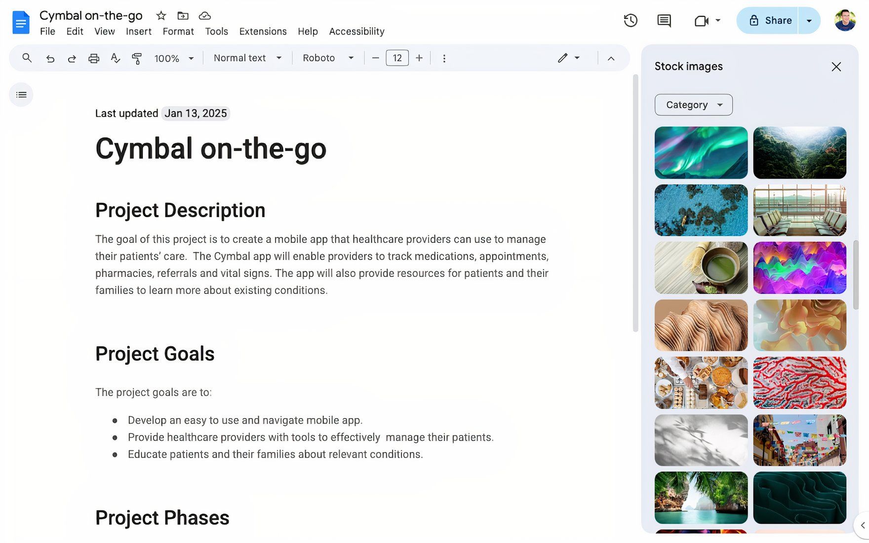 A screenshot of Google Docs with stock images on a side panel.