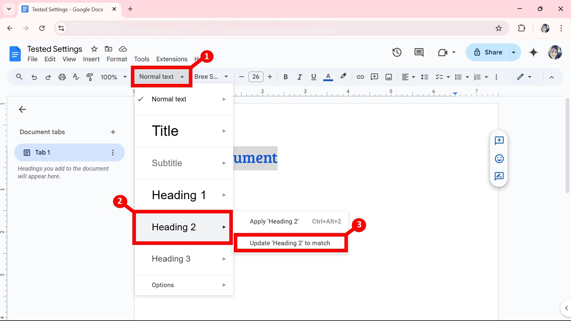 Three labels highlighting Format options including style and update to match option on Google Docs web