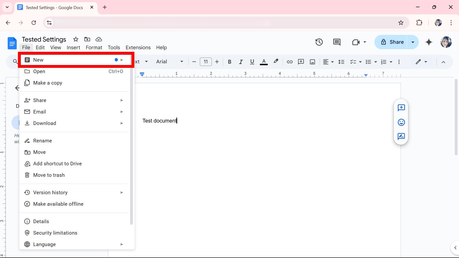 Red rectangle outline highlighting the New option under File on Google Docs web