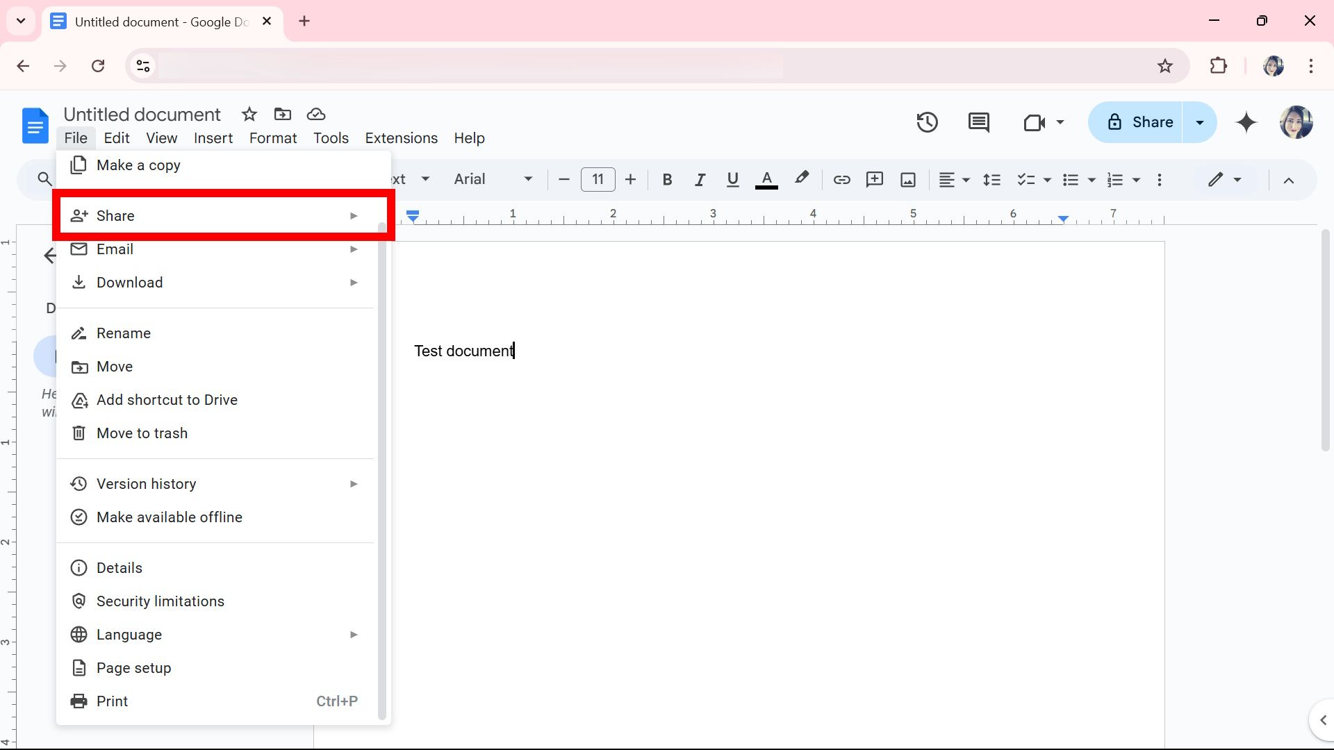 Red rectangle outline highlighting Share under File on Google Docs web