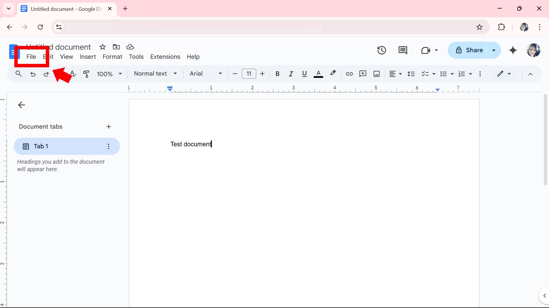 Red arrow pointing to red rectangle outline highlighting File on Google Docs web