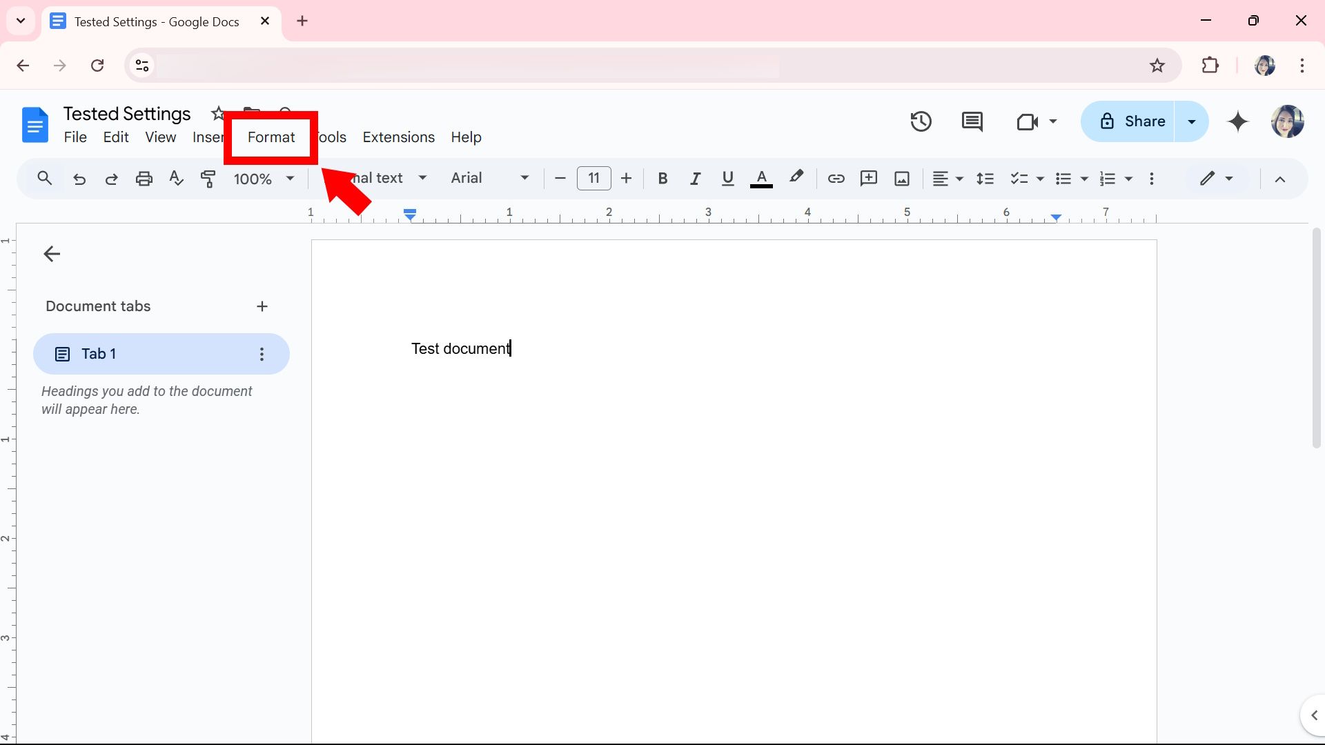 Red arrow pointing to red rectangle highlighting the Format option on Google Docs web