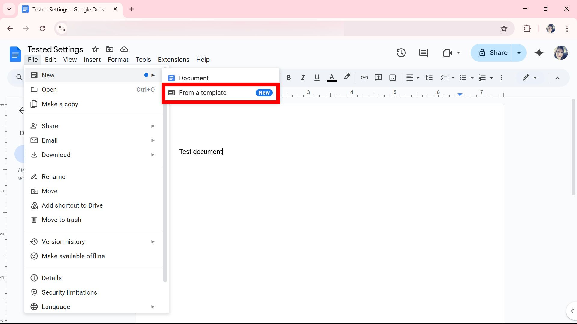 Red rectangle outline highlighting the From a template option under New on Google Docs web