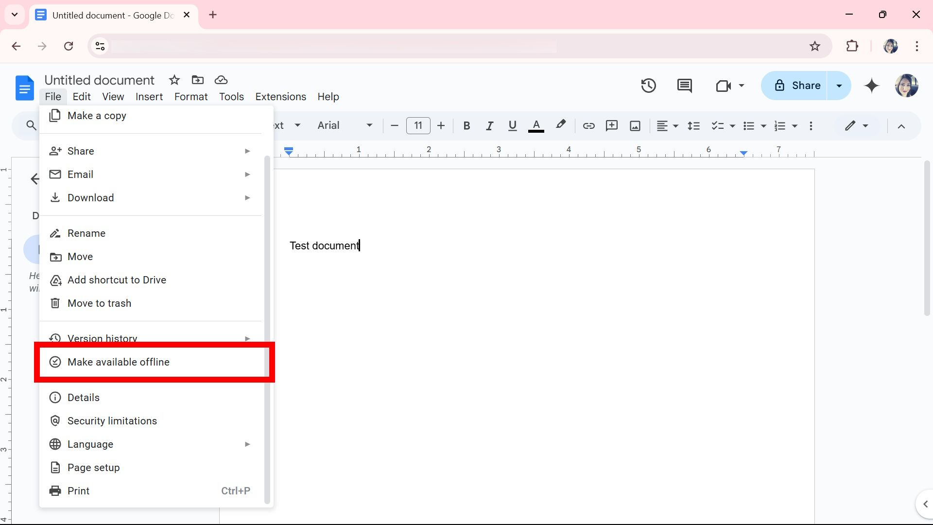 Red rectangle outline highlighting Make available offline under File on Google Docs web