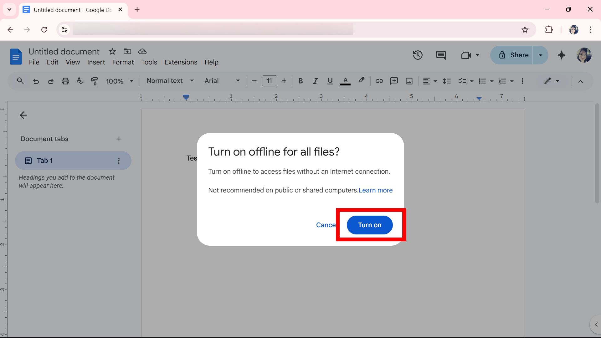 Red rectangle outline highlighting the Turn on button for offline option on Google Docs web