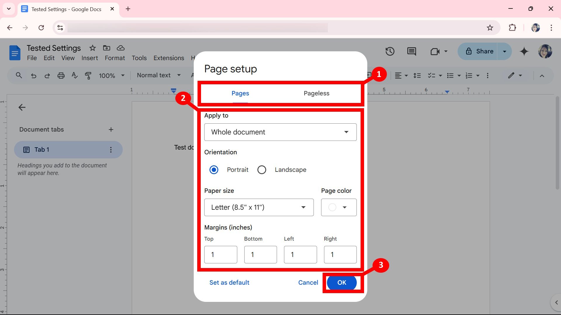 Three labels highlighting the page setup options including the pages and pageless tab, the customizable options and the Ok button in Google Docs