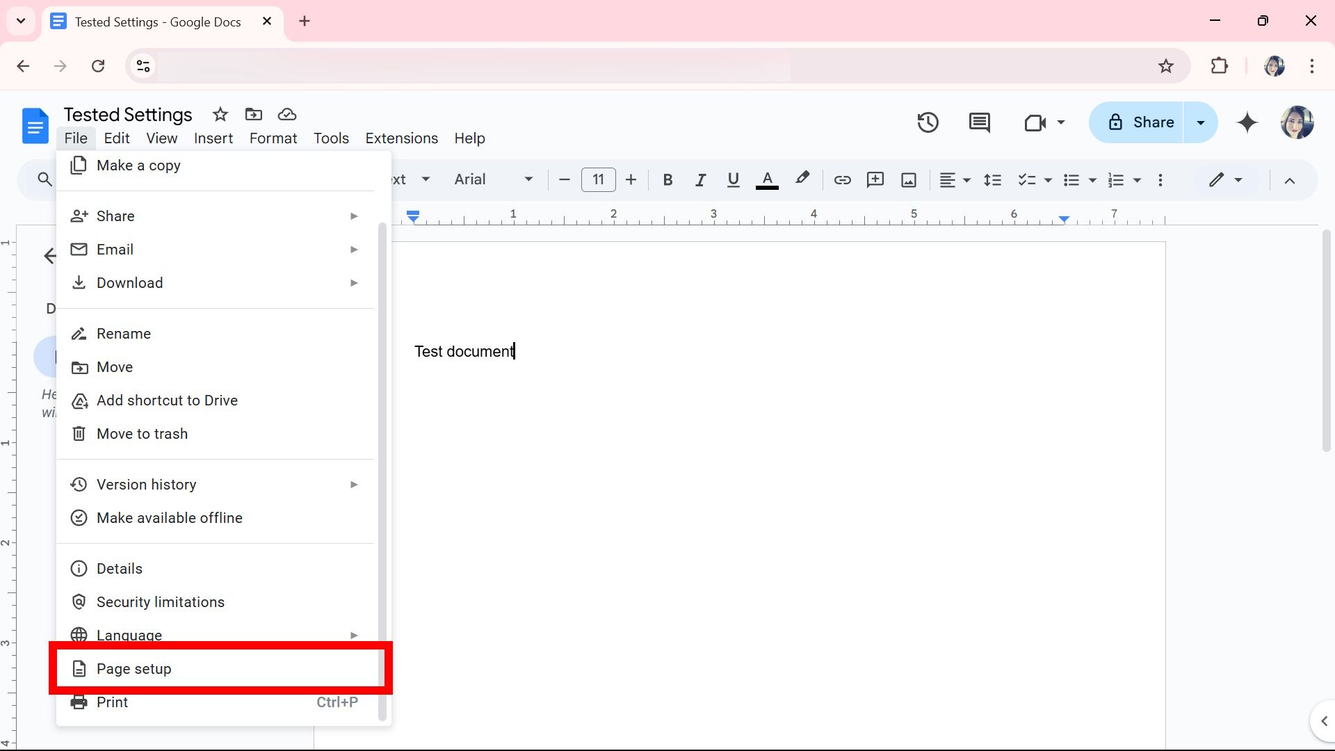 Red rectangle outline highlighting Page setup under File on Google Docs web