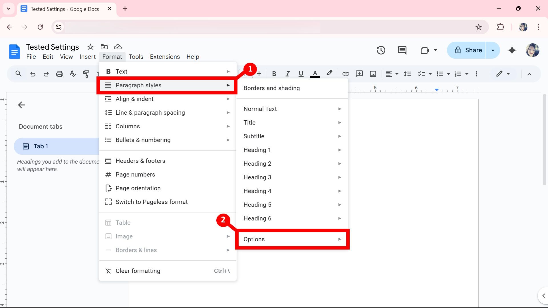 Two labels highlighting Paragraph styles and options under Format on Google Docs web