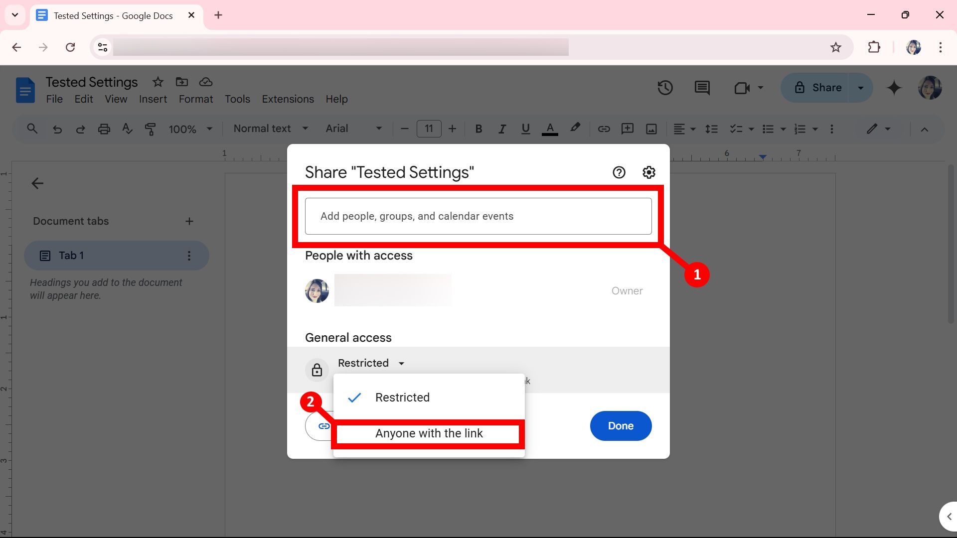 Two labels highlighting the add people, groups, and calendar events field and anyone with the link for Google Docs share settings