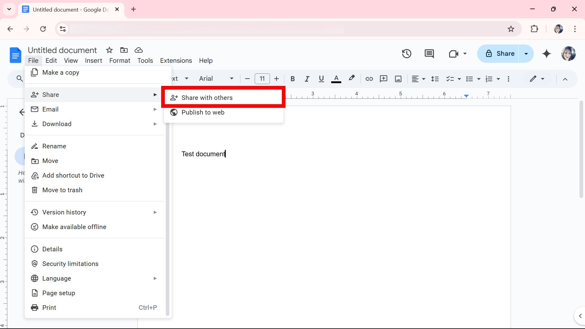 Red rectangle outline highlighting Share with others option on Google Docs web