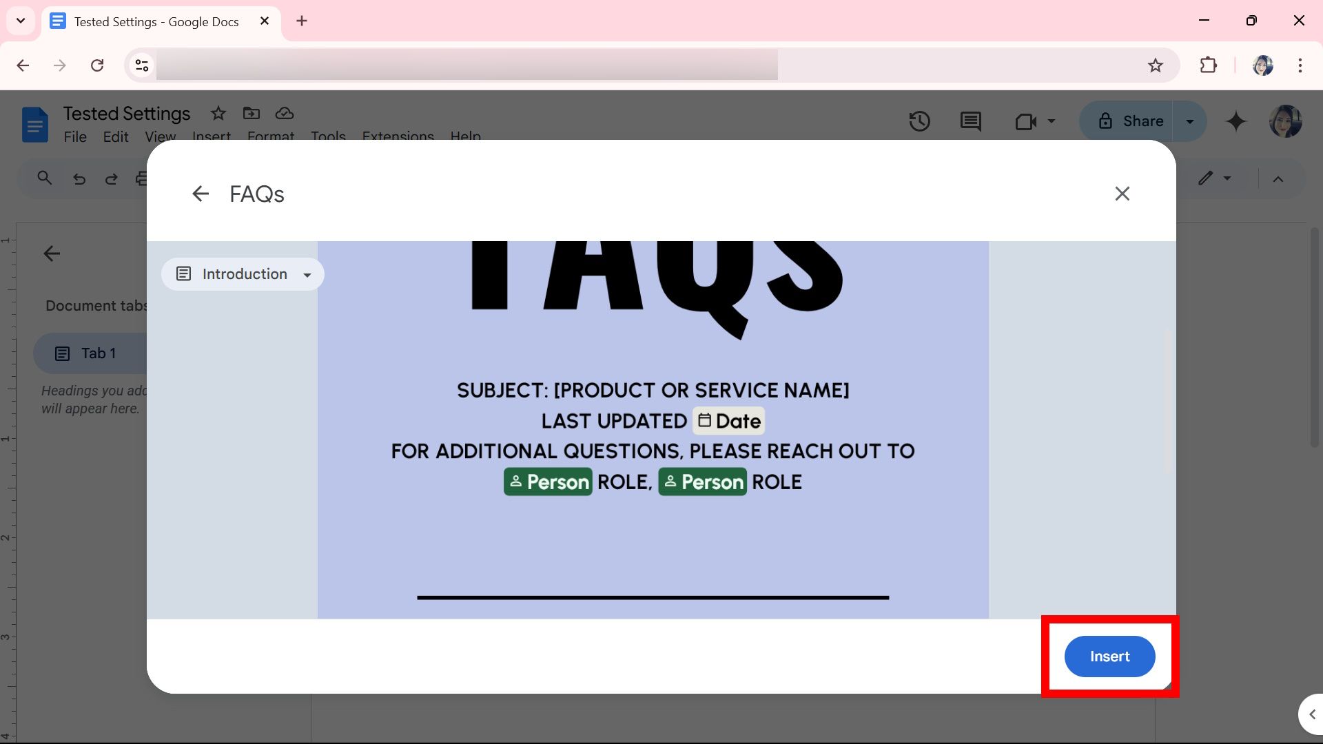 Red rectangle outline highlighting the Insert button after selecting a template on Google Docs web