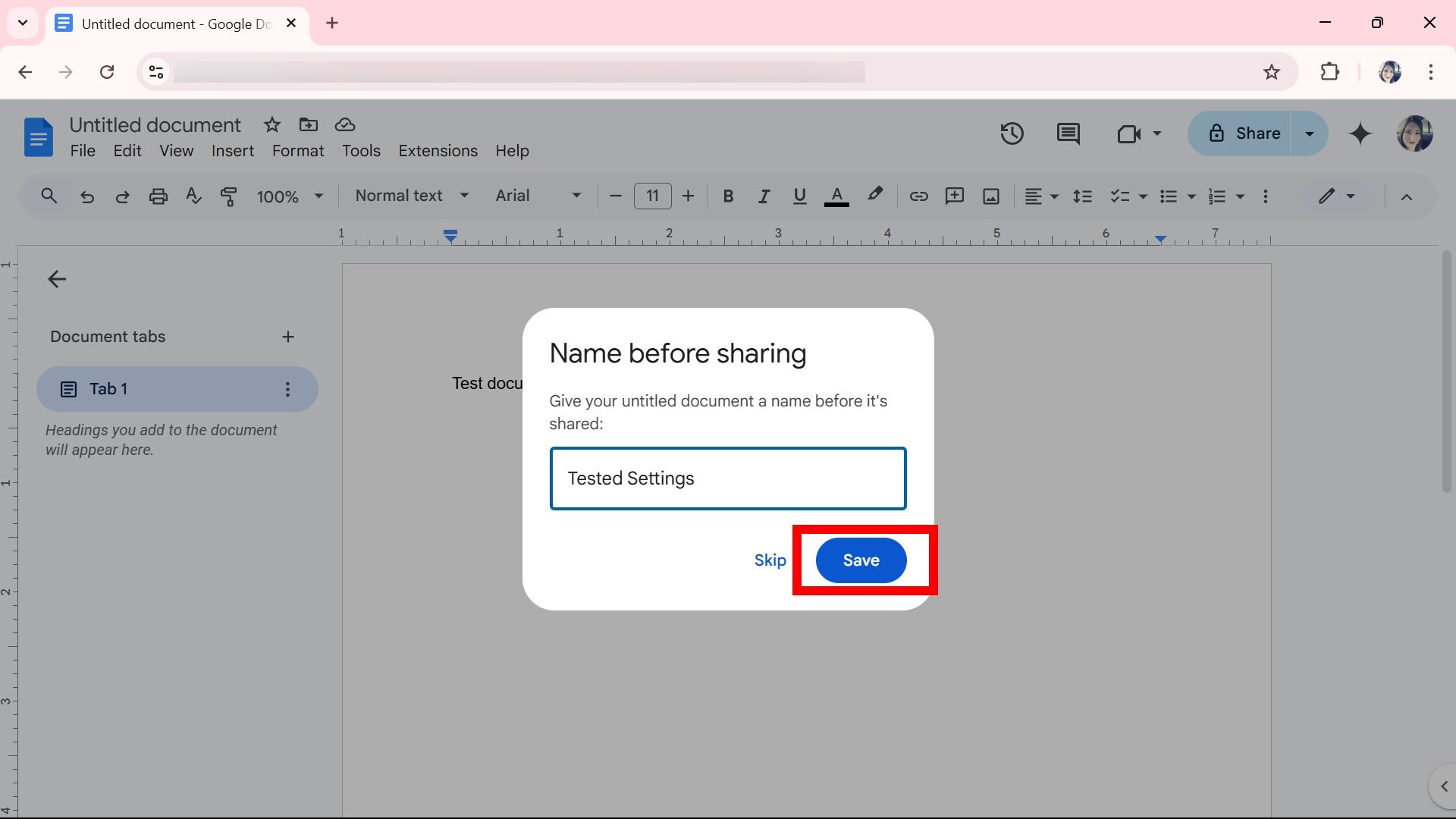 Red rectangle outline highlighting the Save button after naming a title on Google Docs web