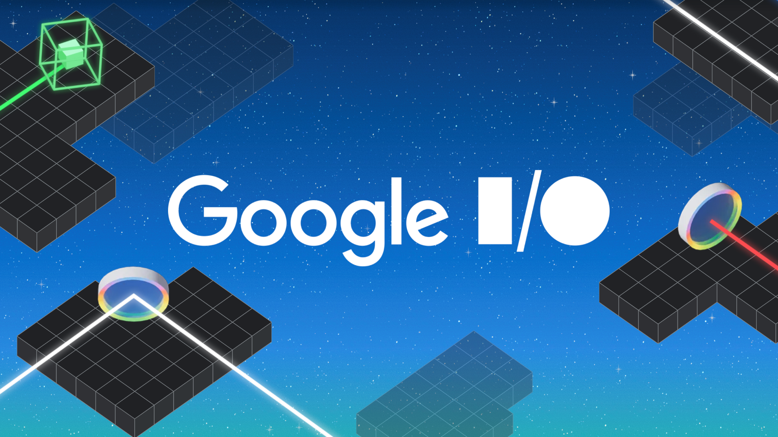 Logo Google I/O được hiển thị trên nền màu xanh với các hình dạng hình học.