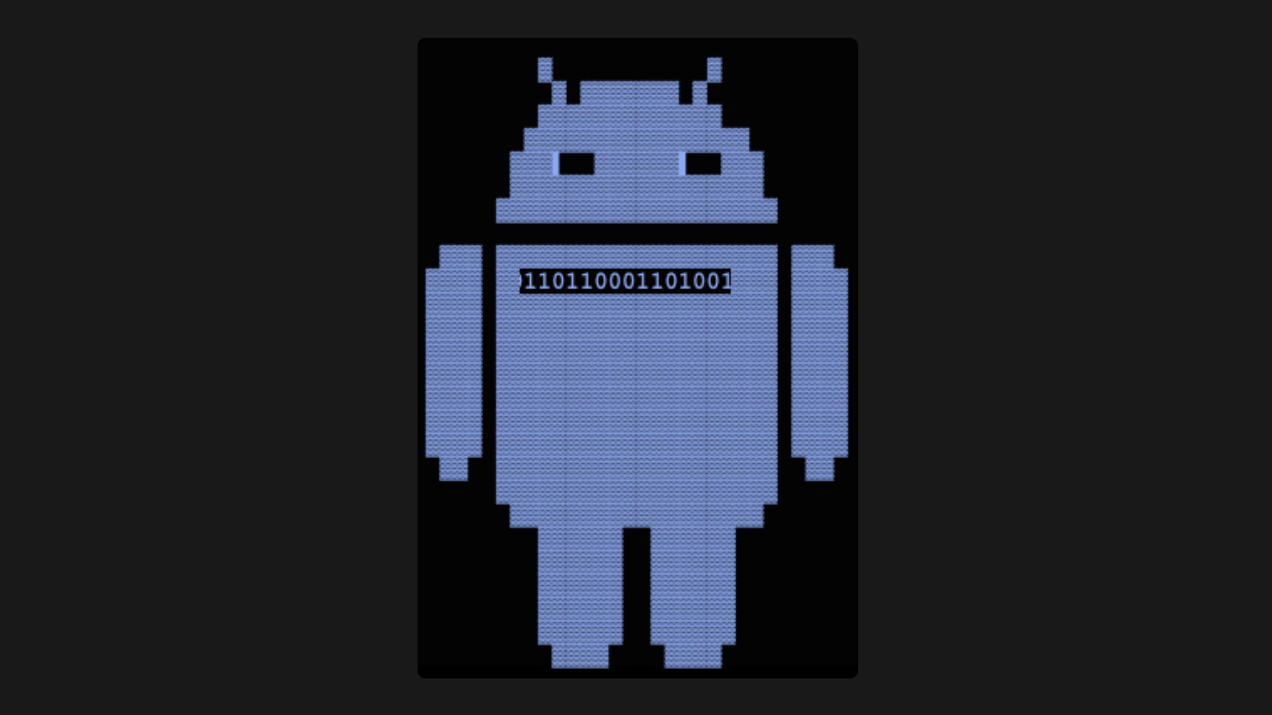a blue pixelated android mascot with binary code on it