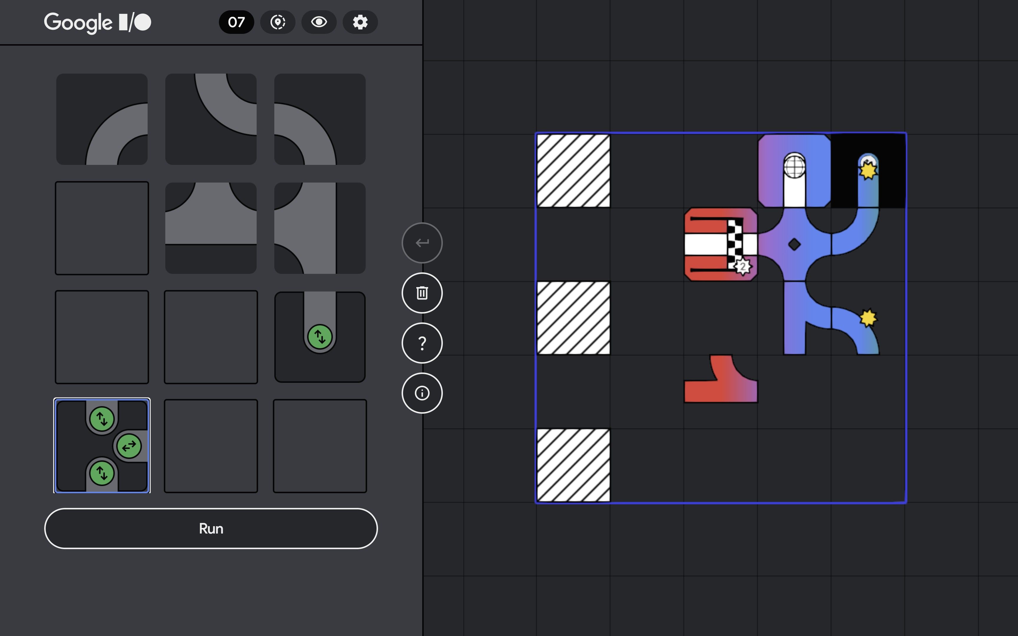 the google io puzzle game for 2024 level 7 pipes on the left and the play grid on the right