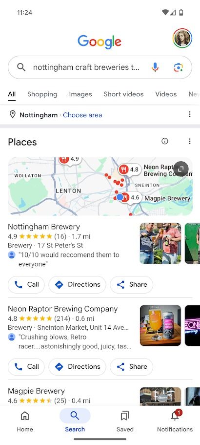 Google search results showing locations