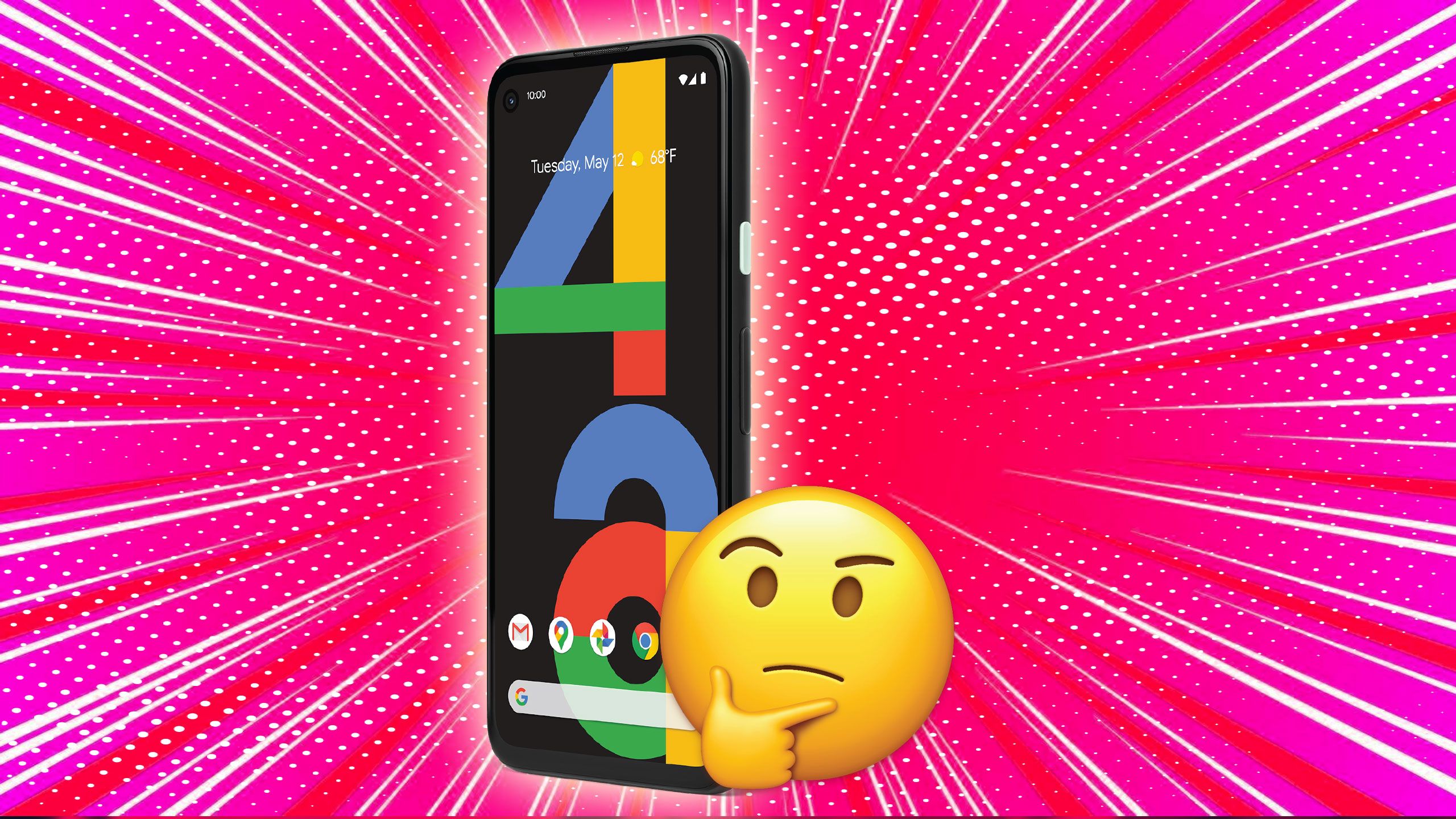 A thinking emoji in front of a Pixel 4a on its home screen.