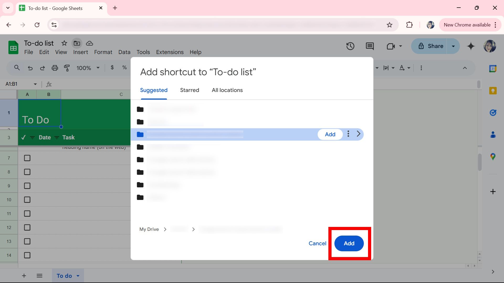 Red rectangle outline highlighting the blue add button for Add shortcut to a sample spreadsheet in Google Sheets web app