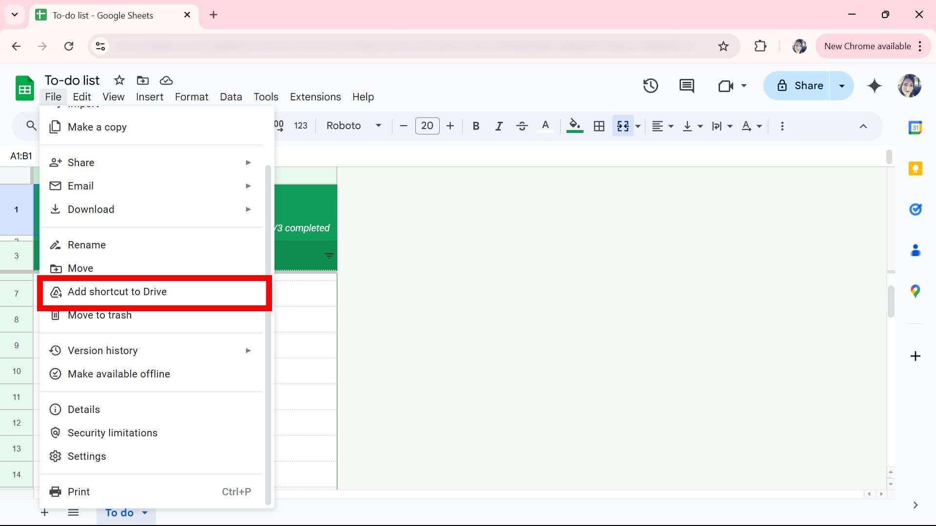 Red rectangle outline highlighting Add shortcut to Drive under File in Google Sheets web app