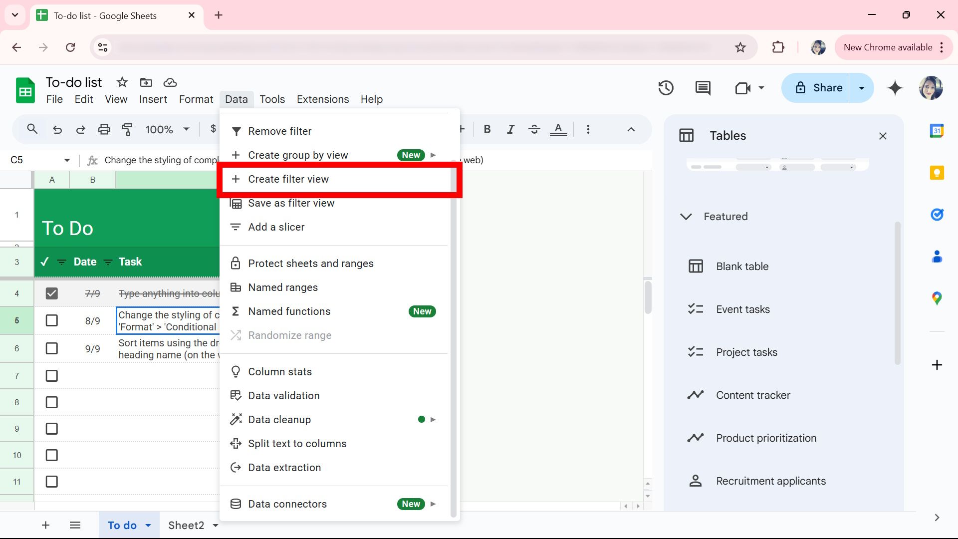 Red rectangle outline highlighting the Create filter view option on Google Sheets web app