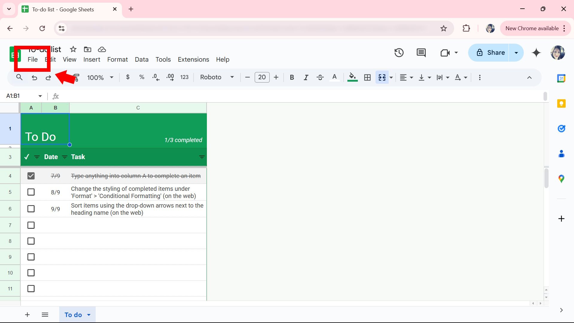 Red arrow pointing to red rectangle outline over the File option in Google Sheets web app